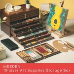 MEEDEN 10-Drawer Art Supply Storage Box, Beech Wood Art Box, Large Capacity Wooden Pencil Box with Drawer & Compartments for Organizing Pastels, Pencils, Pens, Markers, Brushes & Stamp, Walnut