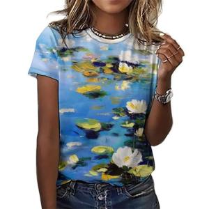 joo meryer Women's Art Oil Painting Starry Night Short Sleeve Loose Fit T-Shirts Tunic Top,Blue White Water Lilies,XL