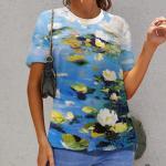 joo meryer Women's Art Oil Painting Starry Night Short Sleeve Loose Fit T-Shirts Tunic Top,Blue White Water Lilies,XL