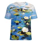joo meryer Women's Art Oil Painting Starry Night Short Sleeve Loose Fit T-Shirts Tunic Top,Blue White Water Lilies,XL