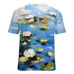 joo meryer Women's Art Oil Painting Starry Night Short Sleeve Loose Fit T-Shirts Tunic Top,Blue White Water Lilies,XL