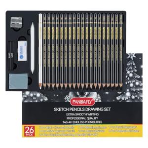 PANDAFLY 26-Piece Professional Sketch Pencil Set - Includes 4H to 14B Graphite Pencils, Charcoal Pencils, Charcoal Sticks, Vinyl Eraser, Kneaded Eraser, Sharpener, Blending Stump