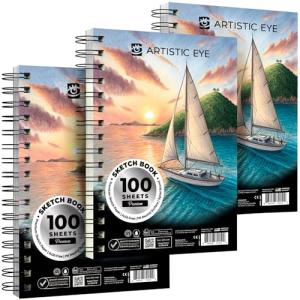 ARTISTIC EYE 5.5X8.5” Premium Sketch Book Set, Pack of 3 (300 Sheets), 68lb (100gsm), Spiral Bound, Acid-Free Drawing Paper, Perfect for Most Dry Media, Ideal for Beginners & Professionals (Set of 3)