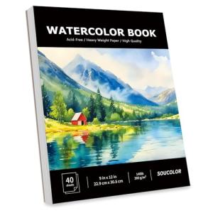Soucolor Watercolor Paper Pad, 9"x12" Water Color Paper, 140lb/300gsm 40 Sheets Artist Painting Drawing Paper Book, Art Supplies for Adults Kids, Watercolor Paint Set, Sketchbook, Journal, Notebook