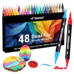 Pagather 48 Colors Acrylic Paint Markers, Dual Tip with Fine Tip and Brush Tip Pens for Stone, Wood, Calligraphy, Canvas, Ceramic, Metal, Glass, Rock Painting, DIY Crafts
