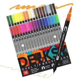 DENKSY 36 Dual Tip Watercolor Markers Brush & Fineliner Art Pens – Water-Based Double Ended Markers for Sketching, Lettering, Calligraphy, and Illustration – 2mm Tip