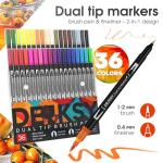 DENKSY 36 Dual Tip Watercolor Markers Brush & Fineliner Art Pens – Water-Based Double Ended Markers for Sketching, Lettering, Calligraphy, and Illustration – 2mm Tip