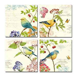 SpecialArt HIGH-END FRAME Wall Art - 4pcs Birds on the Trees of Bloom and Butterfly Pictures Print on Canvas Painting Stretched and Framed for Wall Decor 12 x 12 inch x 4