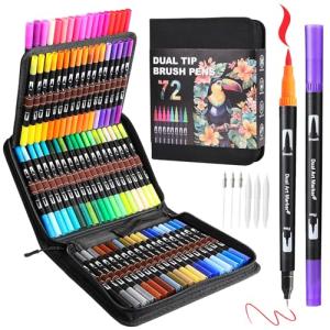 TOSHARE Double Brush Marker Pens, 72 Colors Art Markers Set with Fine Tip and Brush Tip for Kids Adult Coloring Book Hand Lettering Calligraphy Drawing Art Supplies Kit