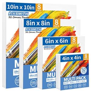 FIXSMITH Canvas Boards for Painting, Multi Pack- 4x4,6x6,8x8,10x10 (8 of Each),32 Pack,100% Cotton Primed Canvas Panels for Acrylic, Oil, Art Supplies for Kids, Adults, Beginners