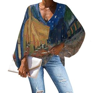 DUOLIFU Womens Casual Oil Paint Art Print Batwing Sleeve Chiffon Shirts Tops Blouse,Oil Paint Cafe Terrace,4XL