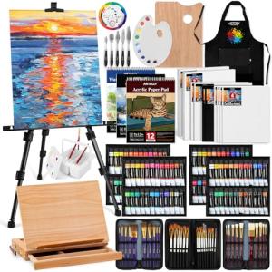 179Pcs Professional All-in-One Art Painting Kit with Aluminum & Beech Wood Easel, 96 Acrylic, Watercolor & Oil Paint Set, Complete Art Supplies Painting Set for Adults, Artists, Beginners