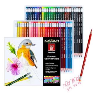 KALOUR 50 Colors Erasable Colored Pencils Set - Easy to Erase, Vibrant and Smooth Coloring Pencils with Erasers - Ideal for Drawing, Sketching, and Coloring Books -Perfect for Adults Beginners Artists