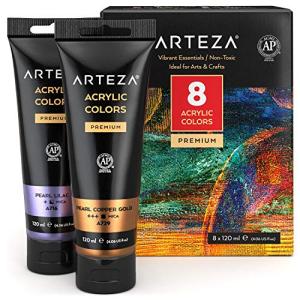 Arteza Metallic Acrylic Paint, Set of 8 Vibrant Essentials Colors 4.06oz Tubes, Rich Pigments, Non Fading, Non Toxic Paints for Artists & Hobby Painte