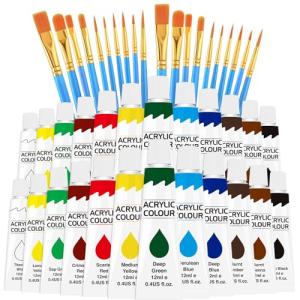 ESRICH Acrylic Paint Set 12 Colors (2 Pack) with 20 Paint Brushes, 24 Acrylic Paints for Adults, Kids, Beginner, Professional Artists, Non-Toxic Craft Paint kit for Paper, Canvas, Rock,Wood, Ceramic