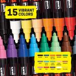 Posca Paint Art Markers, Set of 15 5M Medium Acrylic Markers with Reversible Tips, Artist Recommended Paint Pens for Gifts, Decorations, Fabric, Metal, Glass, Wood and Canvas