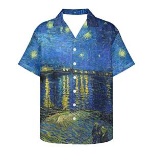 ENLACHIC Men's Vincent Van G Oil Painting Printed Button Down Short Sleeve Hawaiian Tee Shirts, Starry Night Over The Rhone, Large