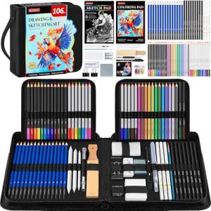 106 Pack Drawing Set Sketching Kit, Pro Art Supplies with 3-Color Sketchbook, Coloring Book, Graphite Colored Charcoal Watercolor & Metallic Pencils, Drawing Supplies Gift Case for Artists Adults Kids