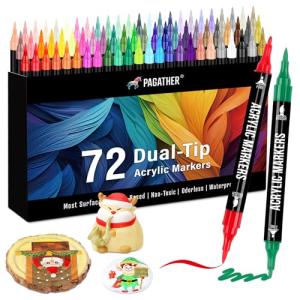 Pagather 72 Colors Acrylic Paint Markers, Dual Tip with Fine Tip and Brush Tip Pens for Stone, Wood, Calligraphy, Canvas, Ceramic, Metal, Glass, Rock Painting, DIY Crafts