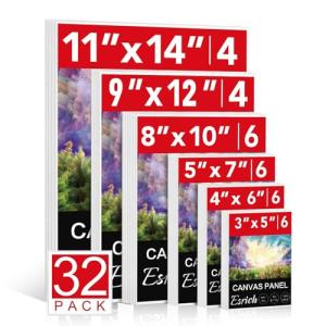 ESRICH Canvas Boards for Painting 32 Pack Art Supplies Paint Canvas 3x5, 4x6, 5x7, 8x10, 9x12, 11x14 Blank Large Canvases for Painting-Cotton Primed Canvas Panels for Acrylic, Oil, Gouache & Tempera.