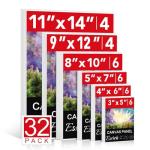 ESRICH Canvas Boards for Painting 32 Pack Art Supplies Paint Canvas 3x5, 4x6, 5x7, 8x10, 9x12, 11x14 Blank Large Canvases for Painting-Cotton Primed Canvas Panels for Acrylic, Oil, Gouache & Tempera.