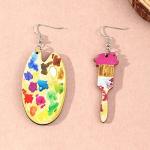 Bohemian Vintage Big Wooden Artist Double-sided Printing Paint Brush Dangle Drop Earrings Paint Palette Charm Earrings Colorful Painter Jewelry for Women Artist Gift Art Teacher Gifts (Colorful Palette)