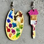 Bohemian Vintage Big Wooden Artist Double-sided Printing Paint Brush Dangle Drop Earrings Paint Palette Charm Earrings Colorful Painter Jewelry for Women Artist Gift Art Teacher Gifts (Colorful Palette)