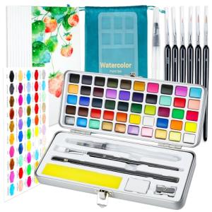 APOGO Watercolor Paint Set,50 Colors in Portable Box Travel Watercolor Set,Water Color Paint Sets,Adult and Beginner Watercolor Painting Kits with Watercolor Papers and Brushes Art supplies