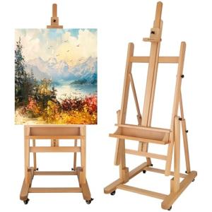 Falling in Art Extra Large H-Frame Studio Easel, Solid Beechwood Artist Easel with Storage Tray, Adjustable Canvas Holder Stand with Rolling Wheels for Painting Adult