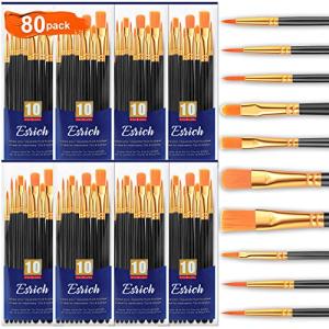 ESRICH Acrylic Paint Brushes Set,8Packs /80 Pcs Black Nylon Paintbrushes, Suitable for Acrylic Oil Watercolor Rock Body Face Nail Art,Perfect Suit of Art Painting, Best Gift for Kids Adult Drawing