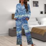 Irisjudy Starry Night Print Women's Pajama Sets Button Down Sleepwear with Pocket, Van Gogh Artwrok 2 Piece Cozy Loungewear Sweater Sets Oil Painting Art Homewear