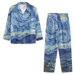 Irisjudy Starry Night Print Women's Pajama Sets Button Down Sleepwear with Pocket, Van Gogh Artwrok 2 Piece Cozy Loungewear Sweater Sets Oil Painting Art Homewear