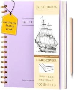 Yoment 5.5" x 8.5" Sketch Book, Small Sketchbook for Drawing, 100 Sheets(68 lb/100gsm) Hardcover Spiral Sketch Pad for Kids with Pencil Art Sketchbook Drawing Paper Pad Book for Adults Artists,Purple