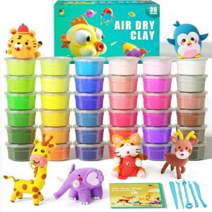Cutedeer Air Dry Clay Kit, 36 Colors Modeling Clay for Kids, Soft Squishy Molding with Sculpting Tools and Tutorials, Arts Crafts Gift for Boys Girls