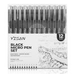 YISAN Micro Black Drawing Pens Art Fineliner Ink Pens,Set of 12 Technical Drawing pen,Manga Markers for Sketching Technical,70337