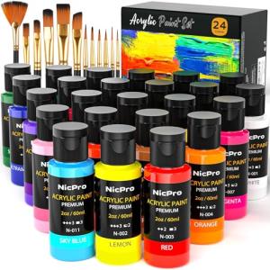Nicpro Acrylic Paint Set, 24 Colors with 12 Brushes & Palette, Non Toxic Art Supplies Kit for Painting Fabric, Canvas, Clay, Wood, Rock & Ceramic, Halloween Pumpkin, Rich Pigments for Beginners, Students & Professional Artists (2 oz, 60 ml)