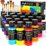 Nicpro Acrylic Paint Set, 24 Colors with 12 Brushes & Palette, Non Toxic Art Supplies Kit for Painting Fabric, Canvas, Clay, Wood, Rock & Ceramic, Halloween Pumpkin, Rich Pigments for Beginners, Students & Professional Artists (2 oz, 60 ml)