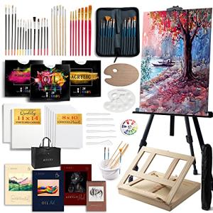 Large Deluxe Artist Painting Set, 141-Piece Professional Art Paint Supplies Kit w/Aluminum Field & Wood Table Easel for Adults, Acrylic, Oil, Watercolor Paints, Brushes, Canvases, Sketch Pads & More