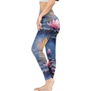 Irisjudy Painting Waterlilies Print Yoga Pants Oil Paint Art Flowers High Waisted Leggings for Women Workout Gym Sweatpants