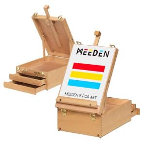 MEEDEN Large Tabletop Easel Sketchbox, Adjustable Solid Beech Wood Desktop Easel Box, Travel Easel for Artists, Table Top easels for Painting, Wooden Art Storage Box for Artist, Adults & Beginners