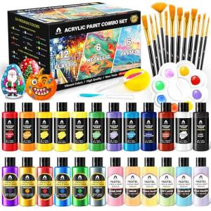 40 Pcs Classic & Metallic & Pastel Acrylic Paint Set with 12 Brushes, 2 Knives & Palette, 24 Colors (2oz/60ml) - for Adults, Kids, Artists & Beginners - Arts and Crafts Painting Kit