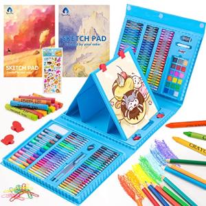 VigorFun Art Supplies, 240-Piece Drawing Art Kit, Gifts Art Set Case with Double Sided Trifold Easel, Includes Oil Pastels, Crayons, Colored Pencils, Watercolor Cakes, Sketch Pad (Blue)
