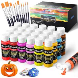 GOTIDEAL Acrylic Paint Set with Paint Brushes, 24 Colors(59ml, 2 oz) Art Craft Paint for Adults and Kids, Perfect for Artist, Beginner, Ideal for Wood, Canvas, Rocks, Outdoor Painting Supplies