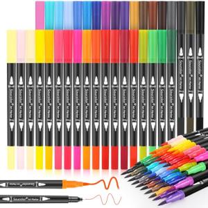 Soucolor Art Brush Markers Pens for Adult Coloring Books, School Supplies for Kids Teens, 34 Colors Numbered Dual Tip (Brush and Fine Point) Drawing Markers for Note Taking Planner Journal Calligraphy