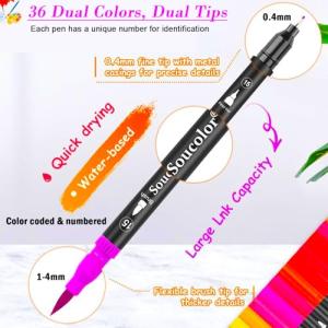 Soucolor Art Brush Markers Pens for Adult Coloring Books, School Supplies for Kids Teens, 34 Colors Numbered Dual Tip (Brush and Fine Point) Drawing Markers for Note Taking Planner Journal Calligraphy