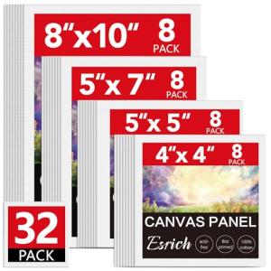 ESRICH Canvas for Painting, 32 Pack Multi-Size Canvas Boards for Painting 8pcs of Each 4x4, 5x5, 5x7, 8x10 Blank Canvases-Cotton Primed Painting Canvas Panels for Adult & Kids for Acrylic Oil Paint