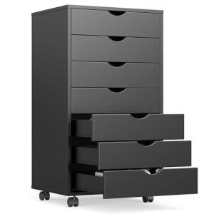 OLIXIS 7 Drawer Mobile File Cabinet Under Desk Storage Organization with Wheels Vertical Filing Chest Rolling Wood Small Desk Printer Stand for Home Office, 15.75"D x 18.74"W x 34.25"H, Black