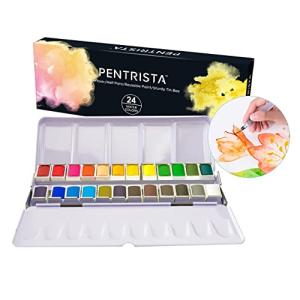 PENTRISTA Watercolor Paint set, 24 Colors Premium Solid Watercolor Half Pans in Tin Box, 1 refillable Water Brush Pen, Art Pigment Kit Perfect for Artists Students Kids Beginners and Art Lovers