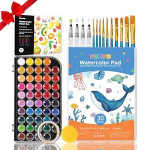 Funto Watercolor Set, 48 Color Paint Set, 10 Brushes, 30 Page Pad(9"x12"), 4 Refillable Pens & More, Painting Kit for Kids, Adults, Beginners