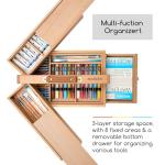 MEEDEN Artist Supply Storage Box - Portable Foldable Multi-Function Beech Wood Artist Tool & Brush Storage Box with Compartments & Drawer for Pastels, Pencils, Pens, Markers, Brushes